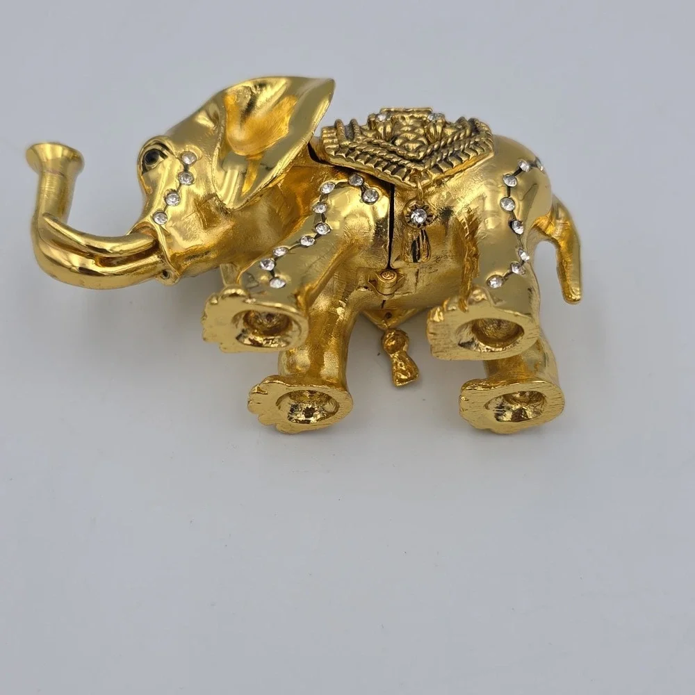 Gold Elephant Crystals Rhinestones Metal Magnetic Trinket Box